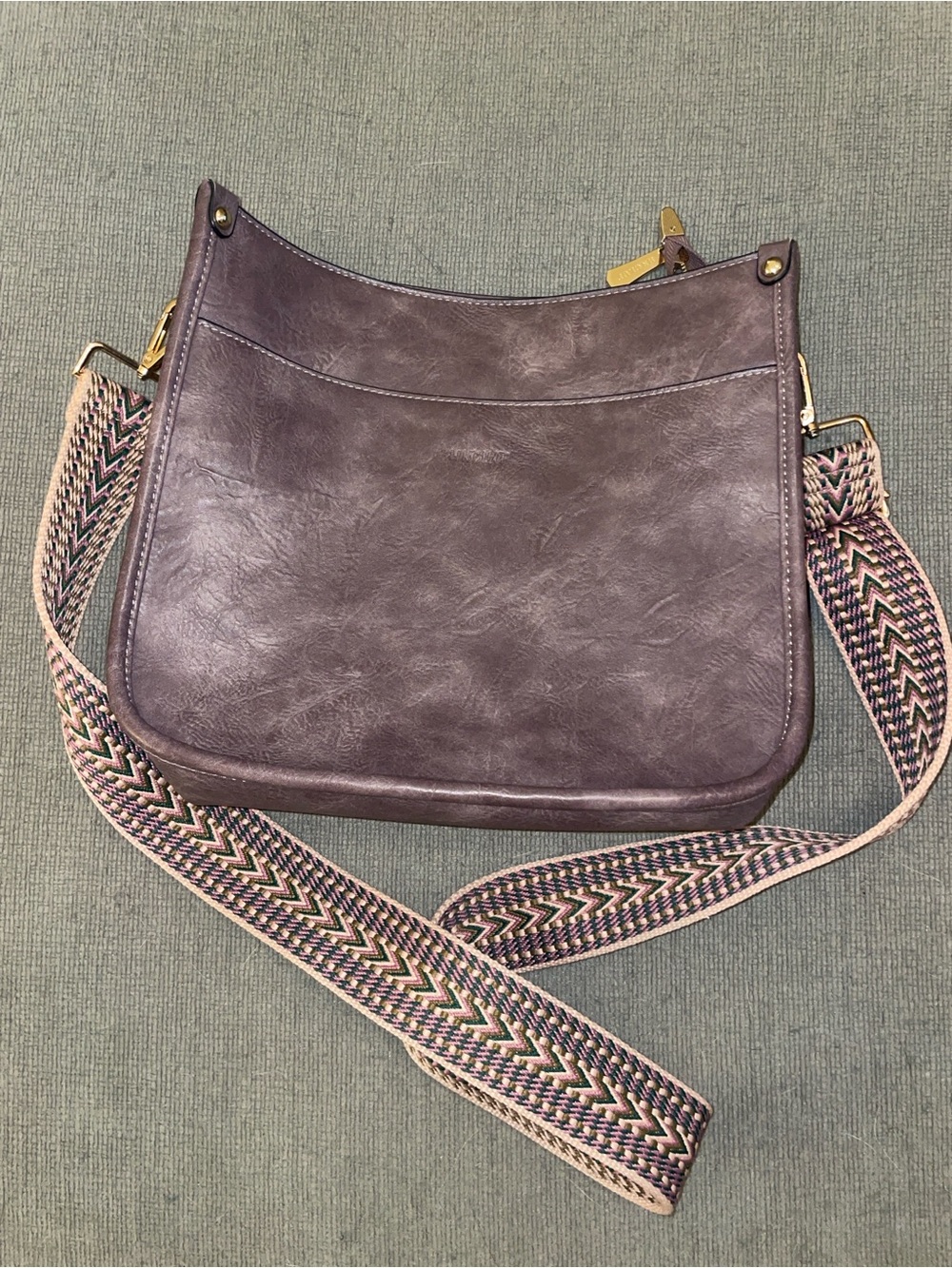 HKCluf Purple Vegan Leather Crossbody Bag with Patterned Strap